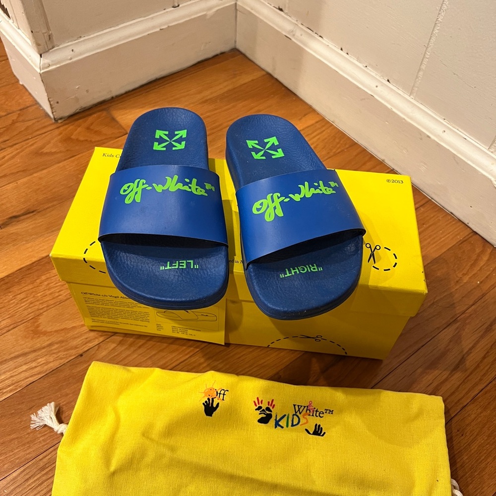 Off-White Navy Slides with Lime Logo